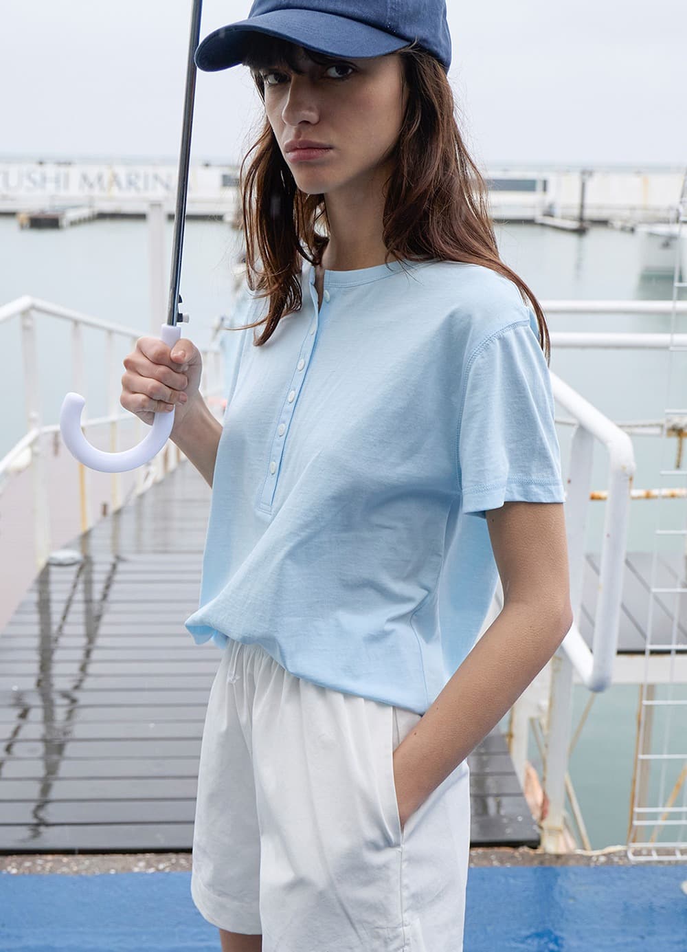 Henley Neck Cotton T-shirt - Bliss Skyblue