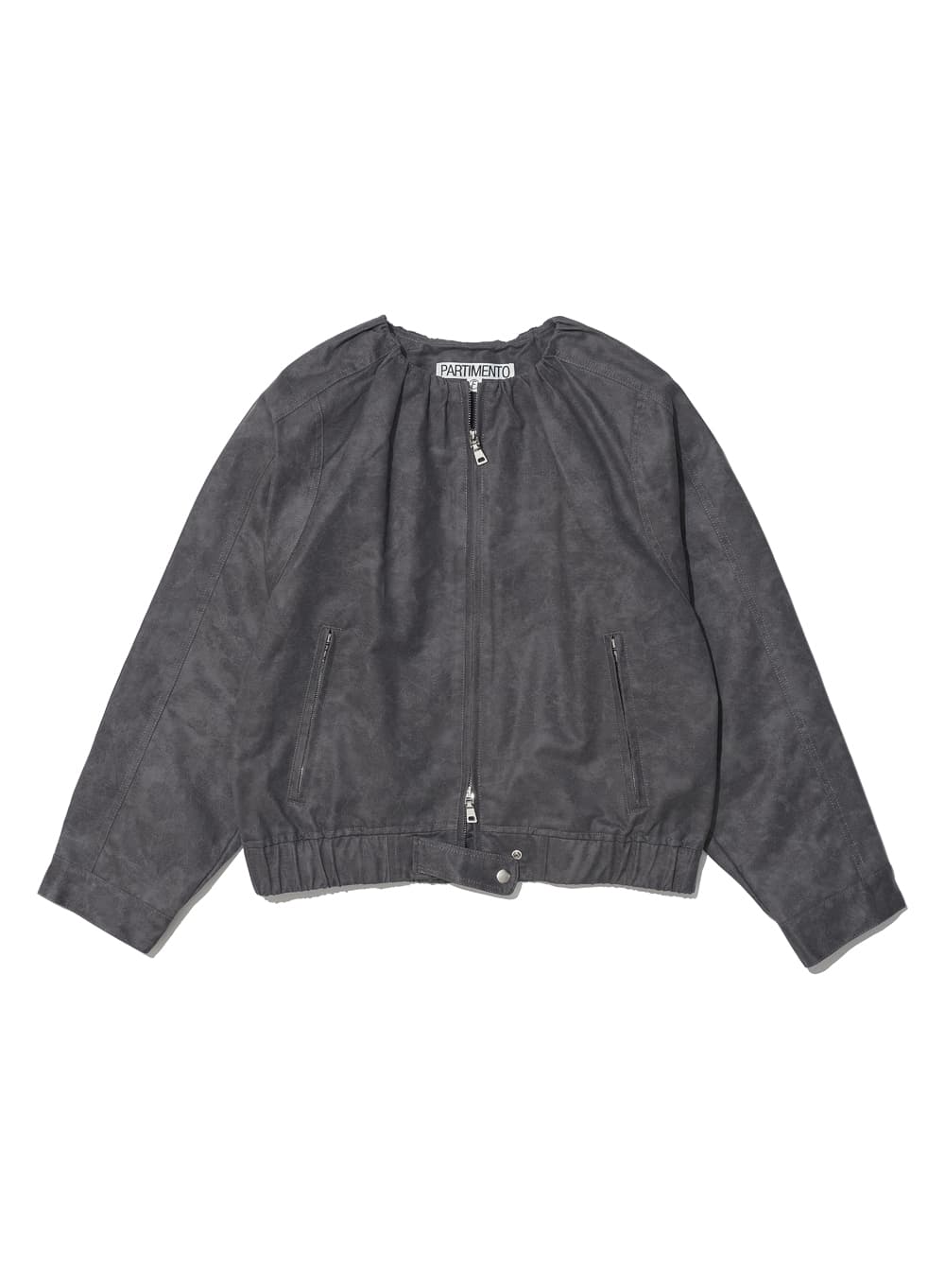 NON COLLAR SHIRRING BOMBER JACKET_CHARCOAL