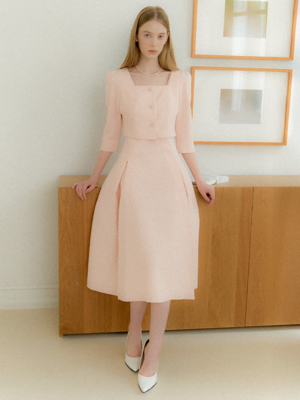 Square-neck 2piece-Style Flare Dress / Pink(3color)