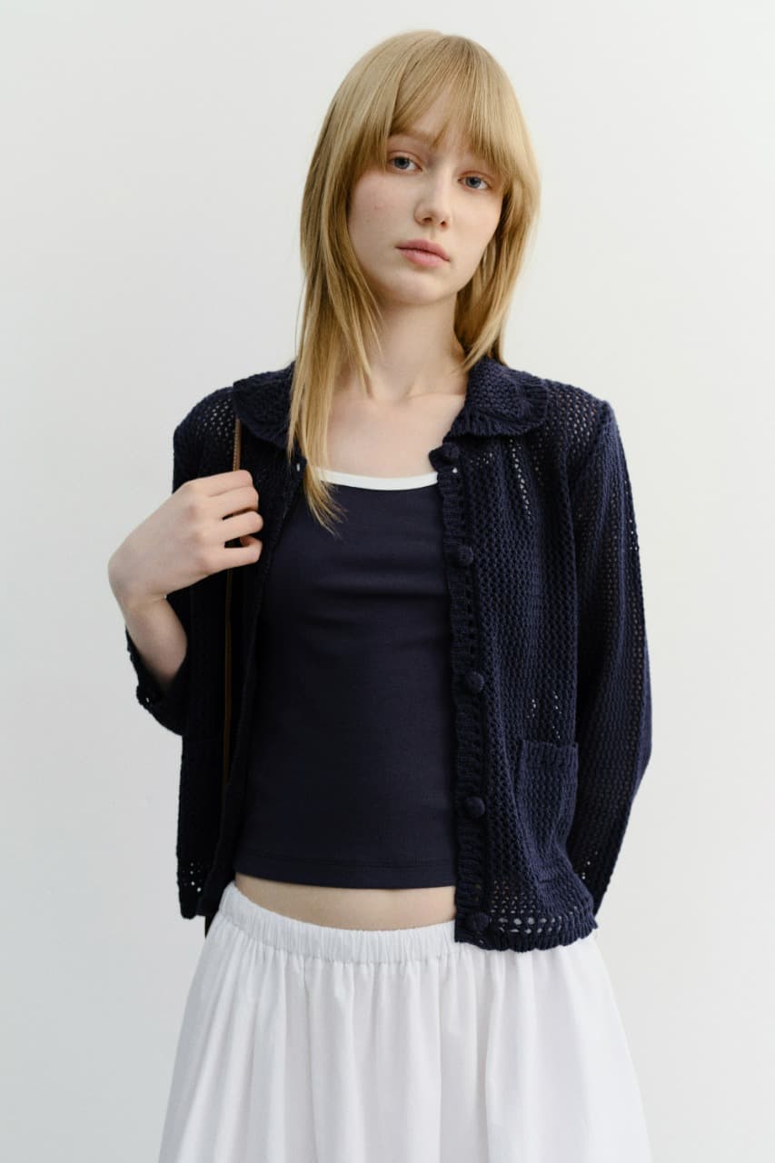 CROCHET COLLARED CARDIGAN NAVY_UDSW6B221N2