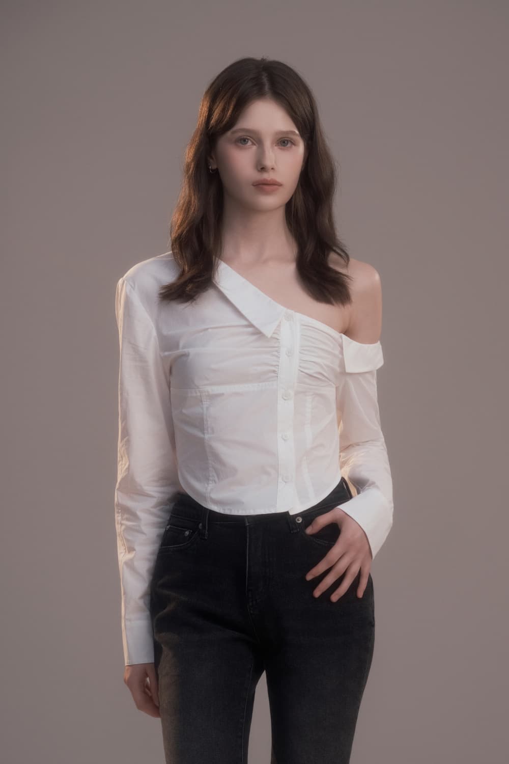 Cut-Out Shirring Shirt - White