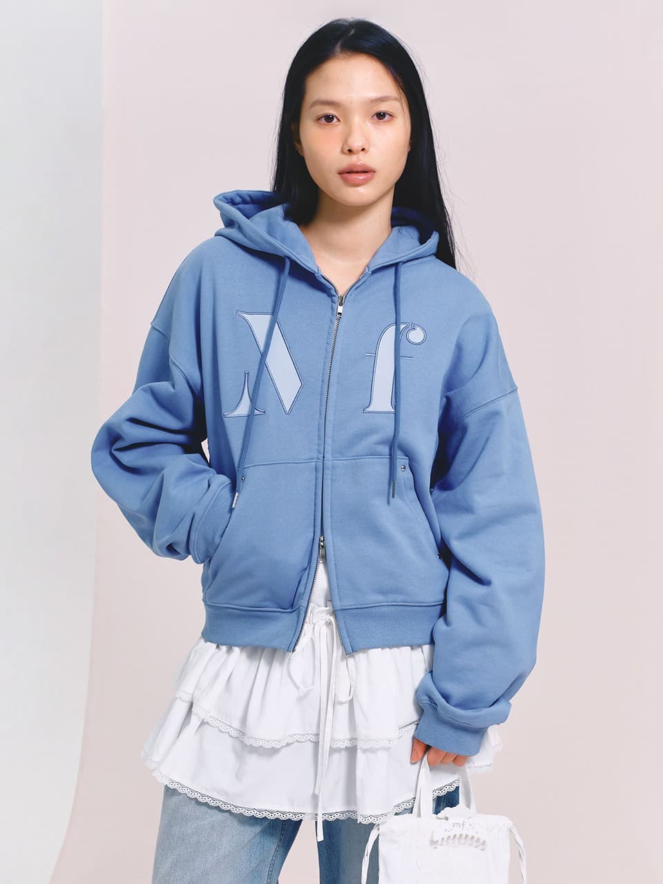 LOGO APPLIQUE HOODIE ZIP-UP (BLUE)