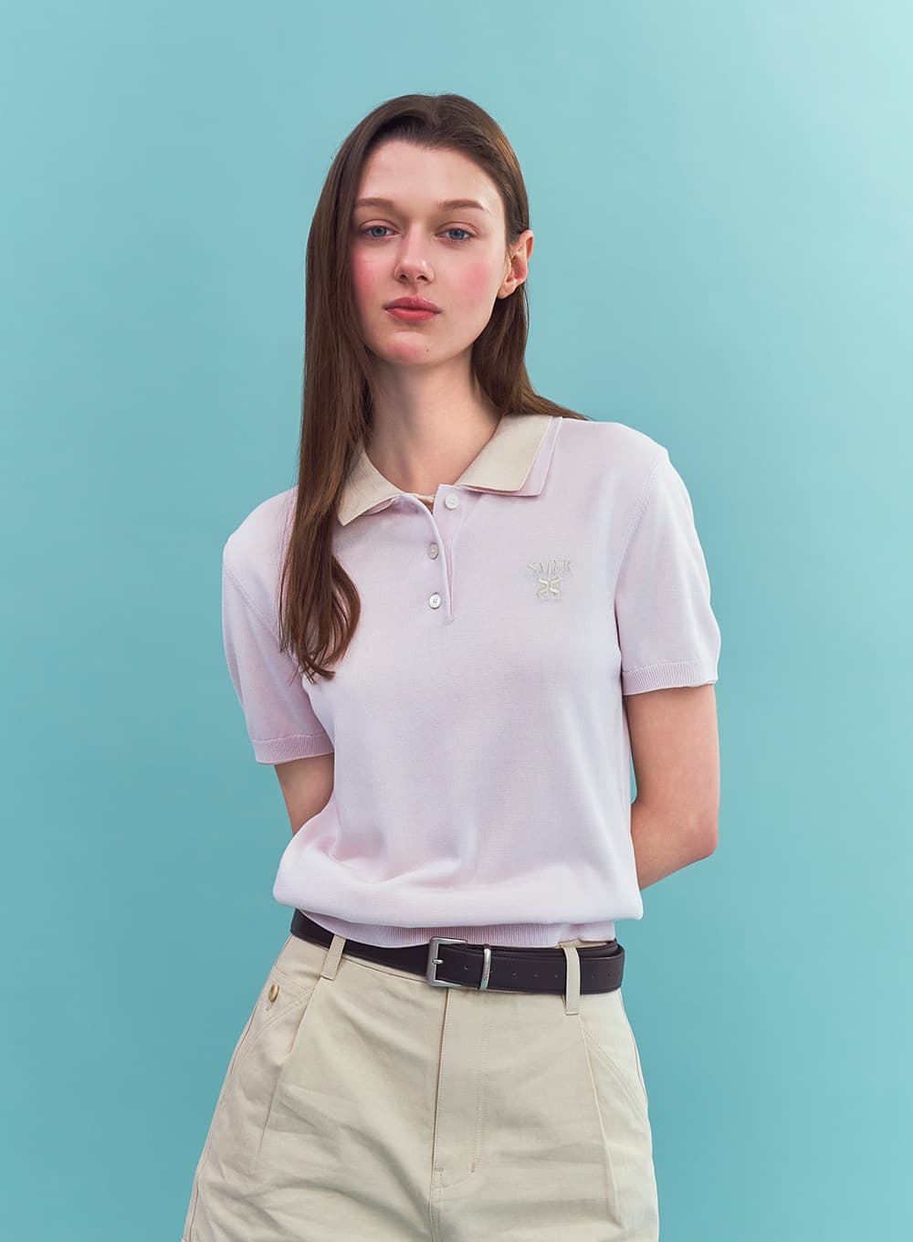 (W) Classic Collar Half Knit - Pink