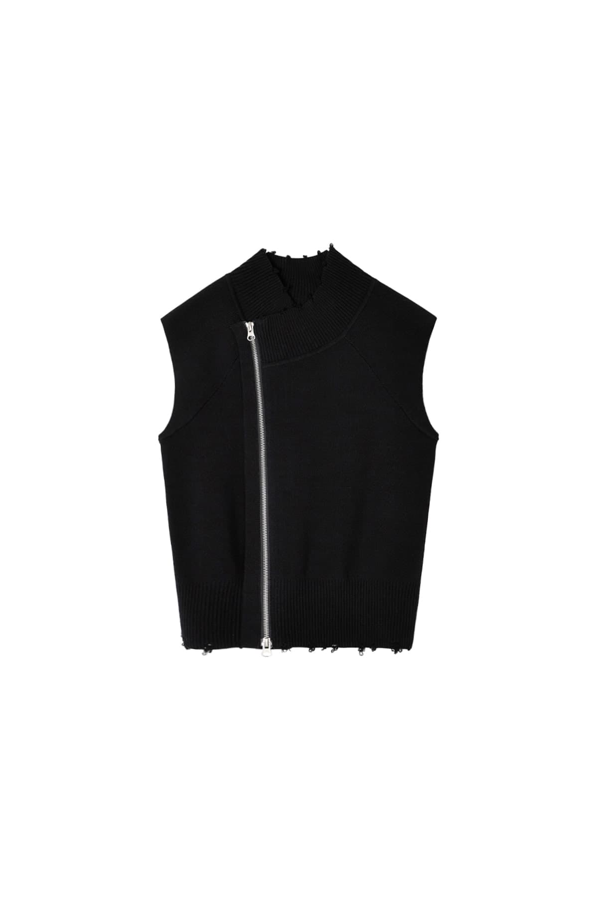 HIGH NECK LOGO KNIT ZIP UP VEST IN BLACK