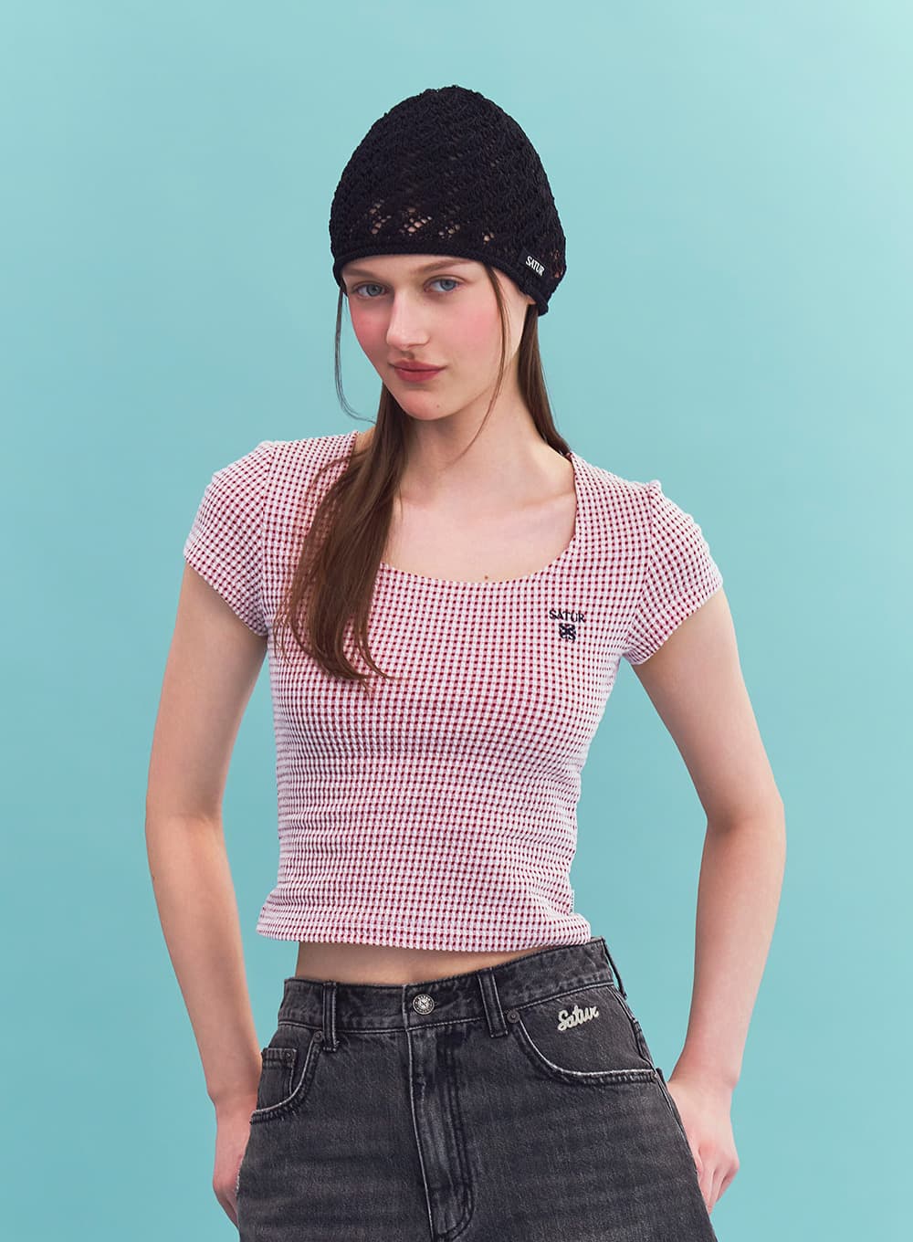 (W) Square Neck Crinkle T-shirt - Red