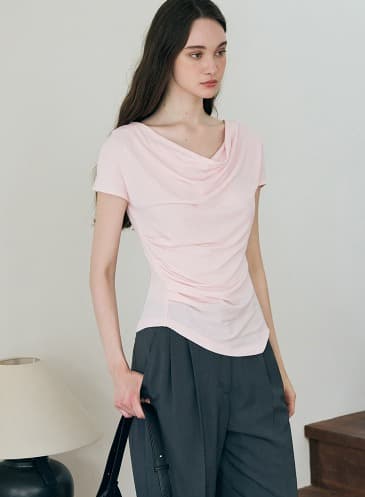 언발란스 턱 드레이피 티셔츠 [PINK]