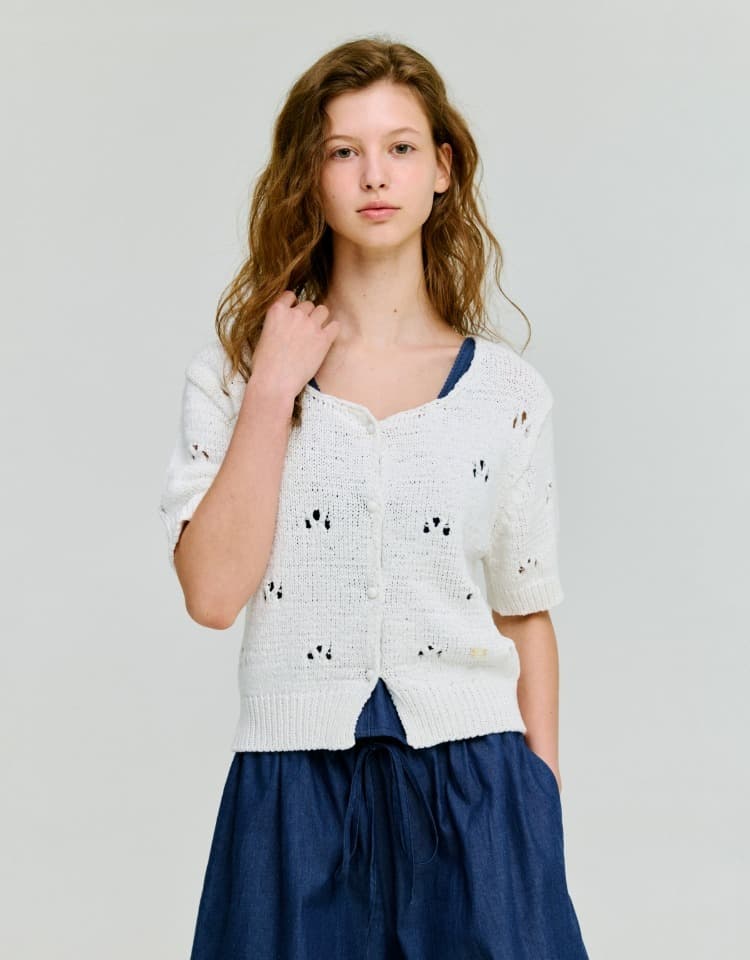 pearl pointelle short sleeve cardigan - white