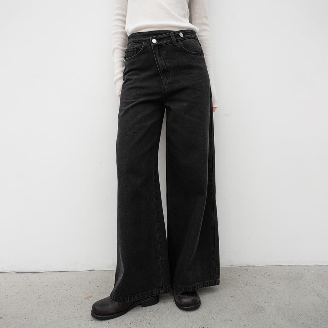 (PT-5718)TWO BUTTON UNBAL WARM DENIM PANTS