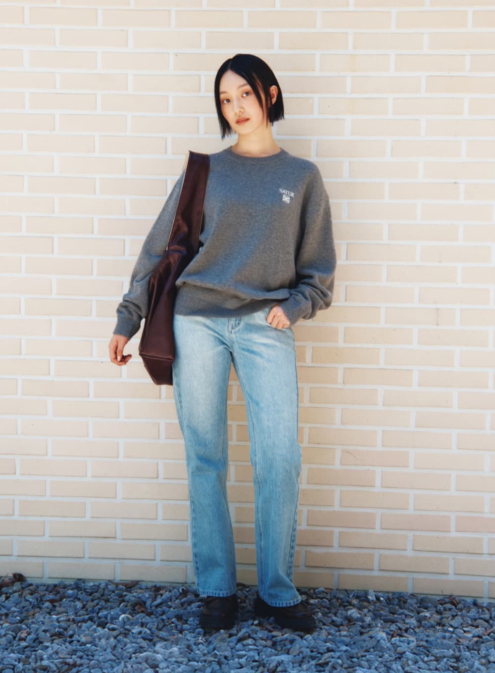 (W) Semi Loose Bootscut Washed Denim Pants - Light Blue