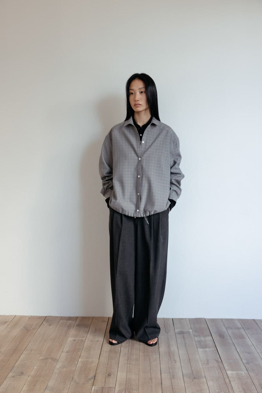 Linen Drawstring Hem Check Shirt (Grey)