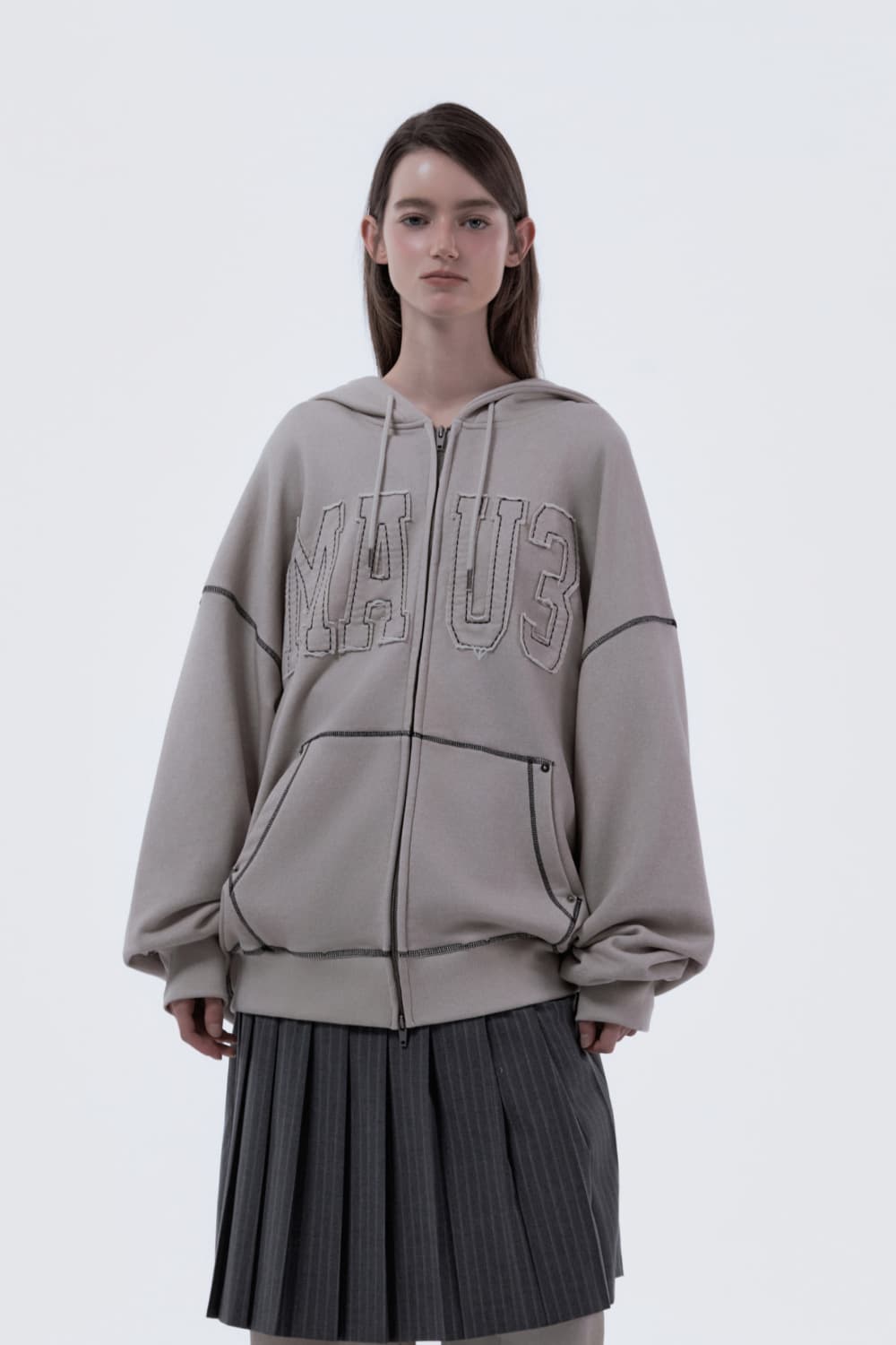 MAU3 Loose Fit Hooded Zip-Up - Ash Beige