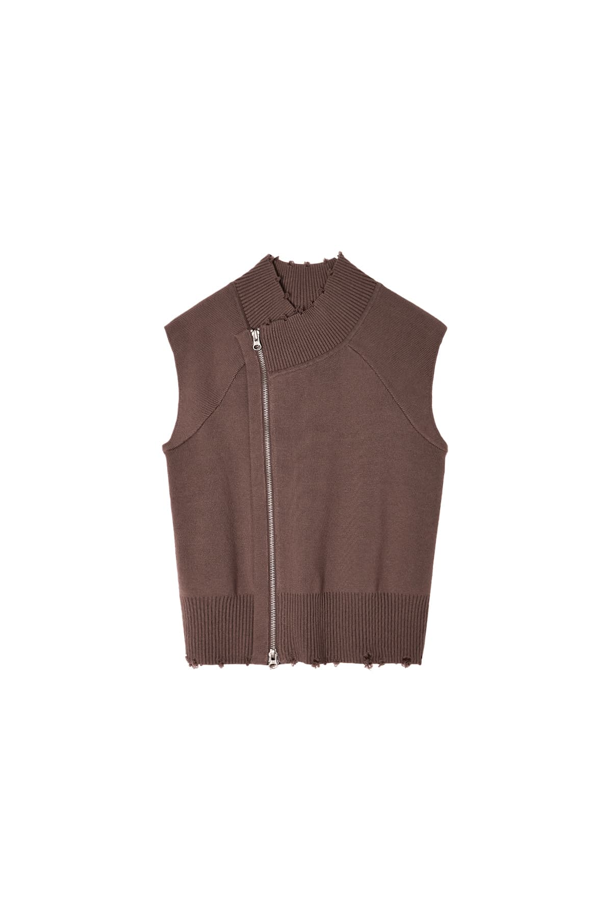 HIGH NECK LOGO KNIT ZIP UP VEST IN BROWN