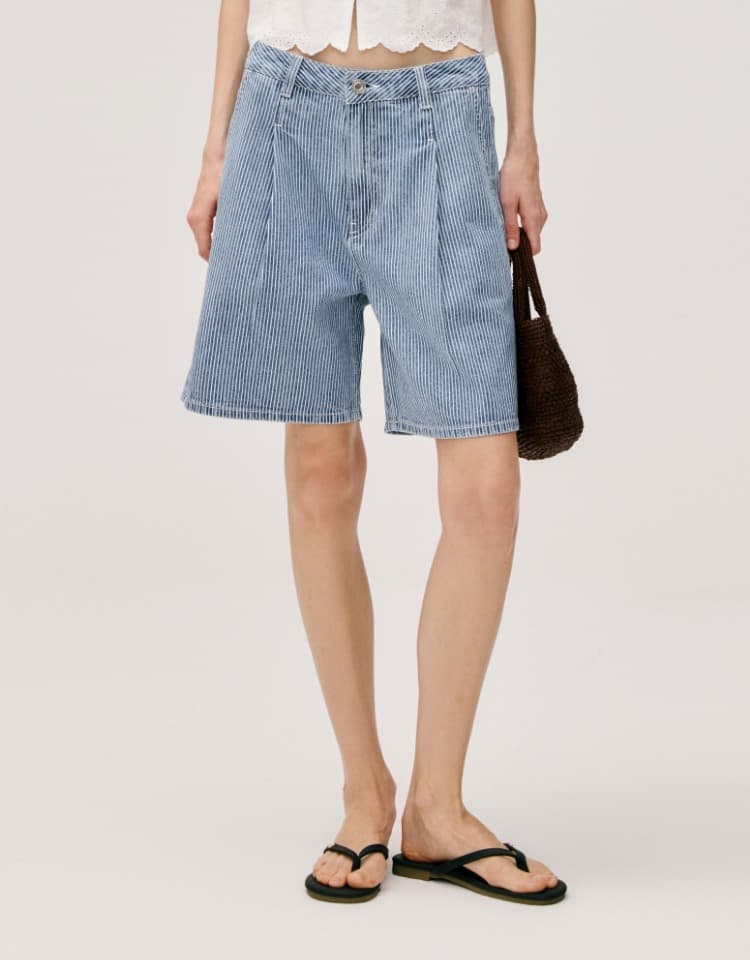 stripe half denim pants - blue