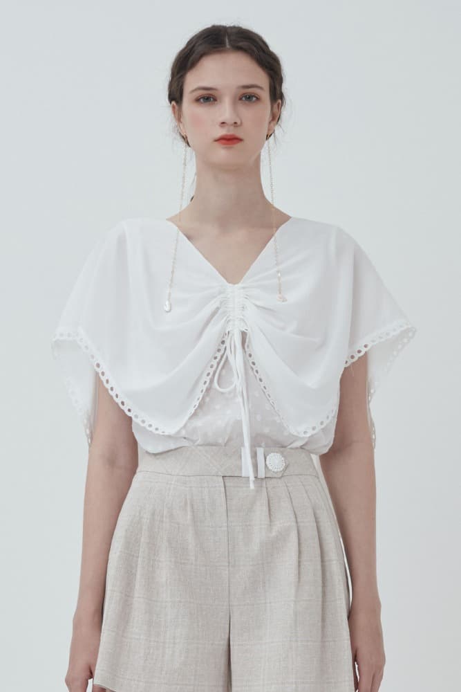 Wing Cape Dot Sleeve Blouse (White)