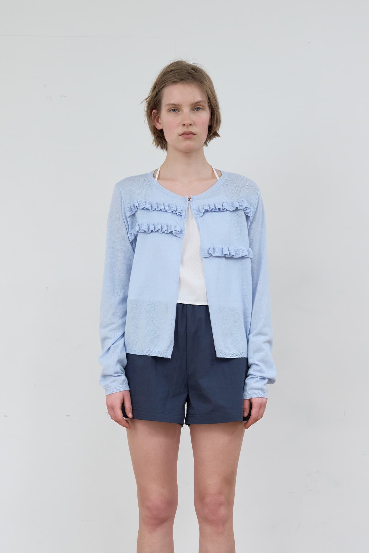 SHEER FRILL CARDIGAN_DUST BLUE