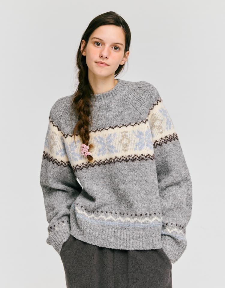 snowflake jacquard knit pullover - grey