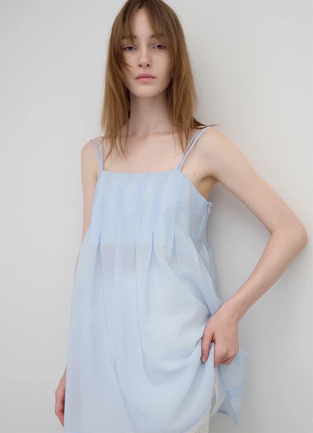 Double Strap Pleats Blouse - Blue