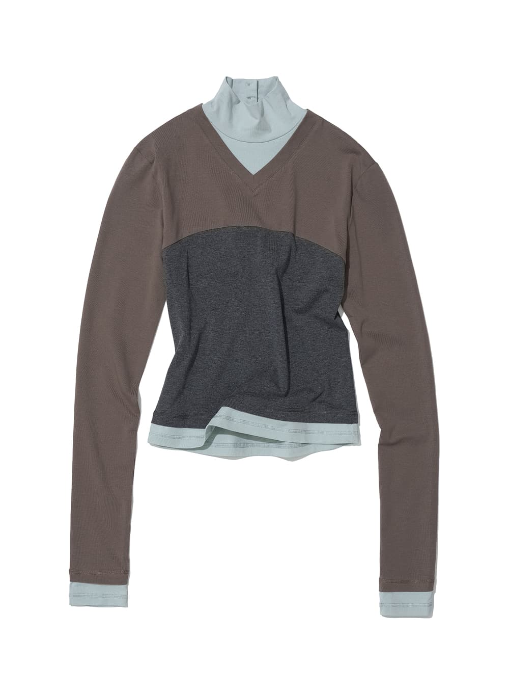 COLORBLOCK V-NECK LAYERED HIGH NECK TEE_DUSTY MINT