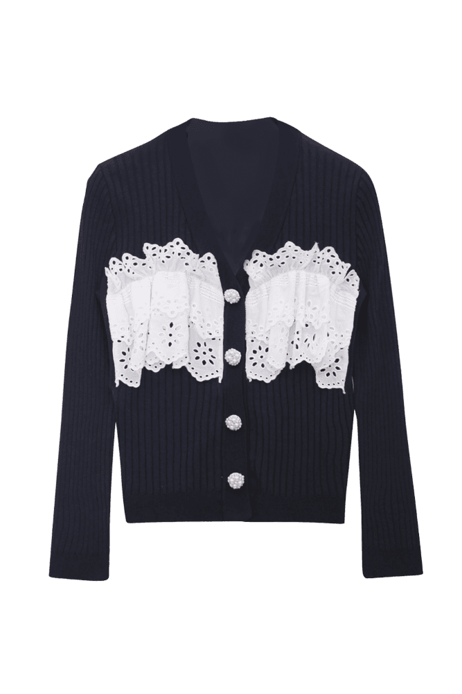 Pearl Ruffle Knit Cardigan (Navy)