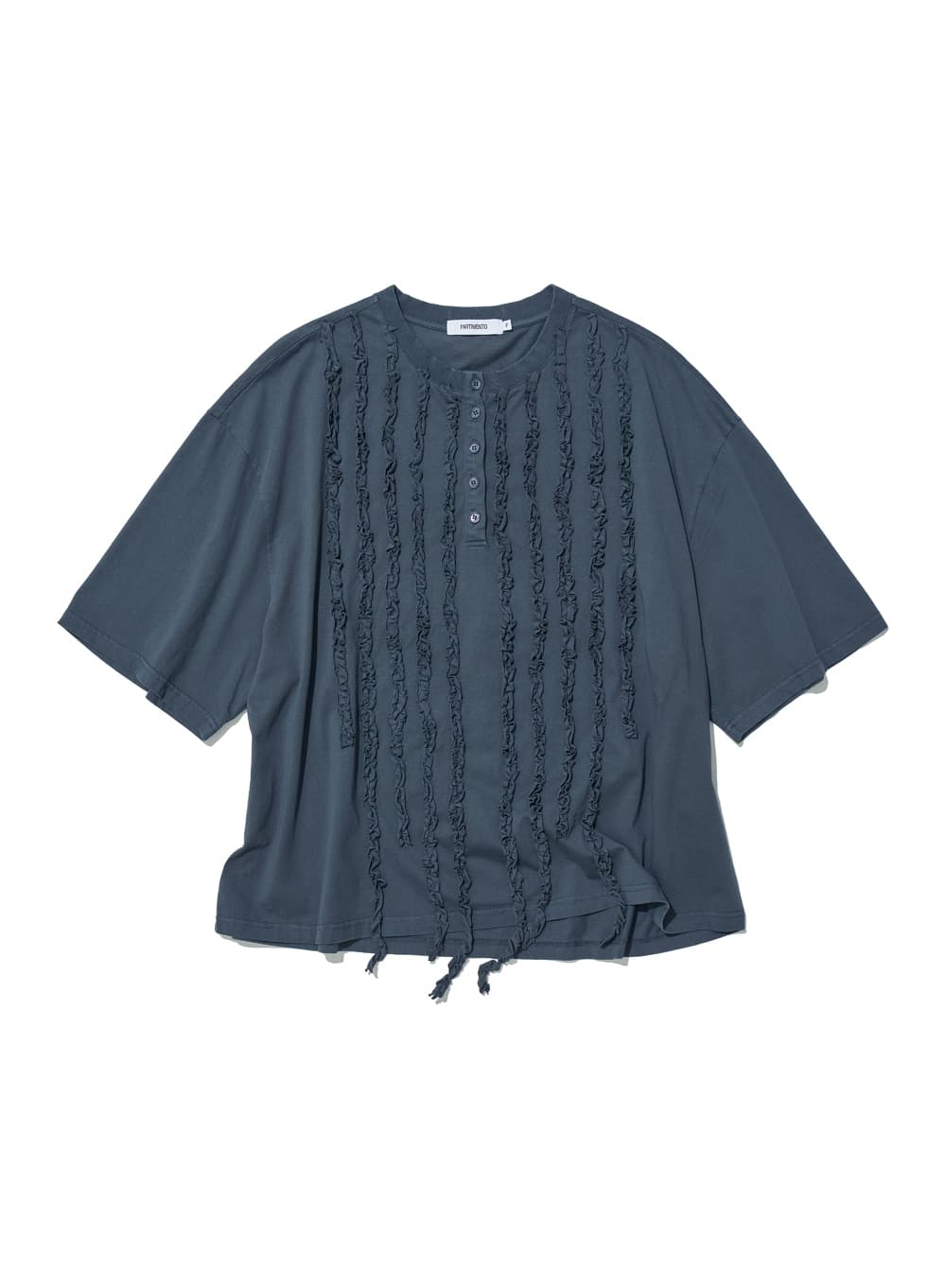 FRILL TRIM HENLEY NECK TEE_BLUE GREY