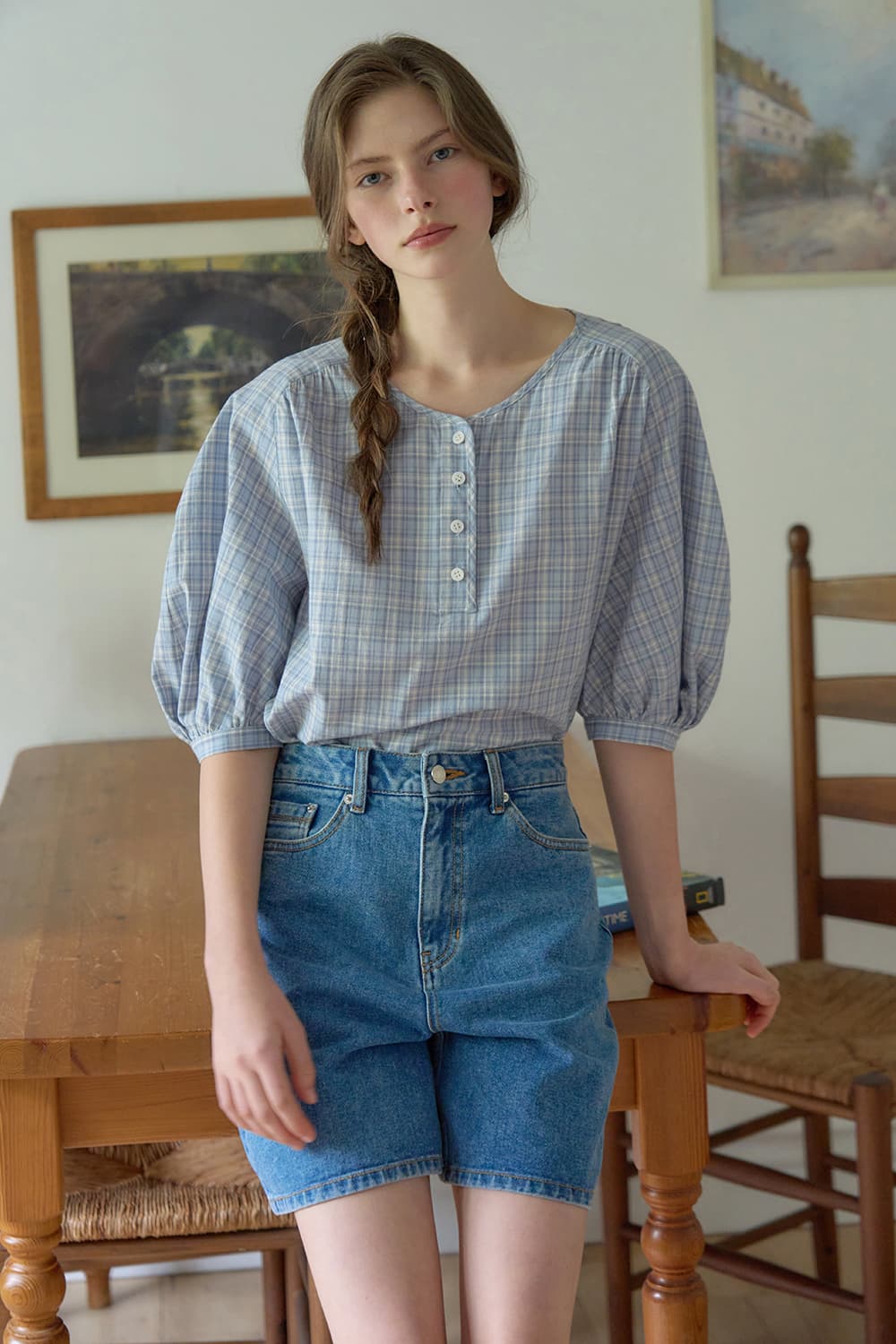 Volume-sleeve henley neck blouse Blue/CHK [N6MBL06]