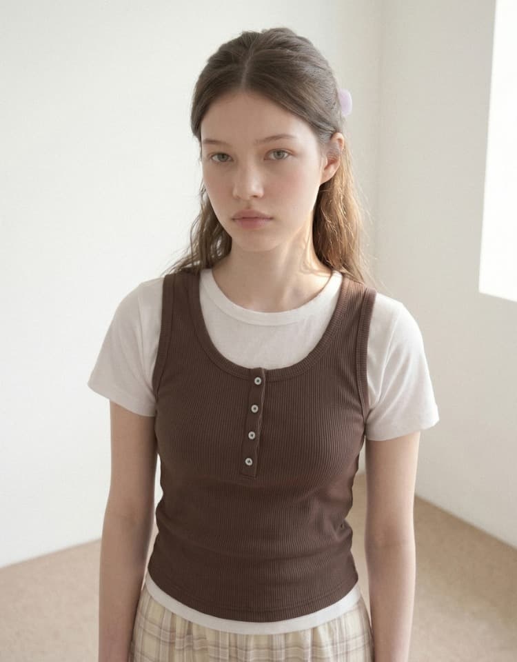 ribbed henley sleeveless - brown