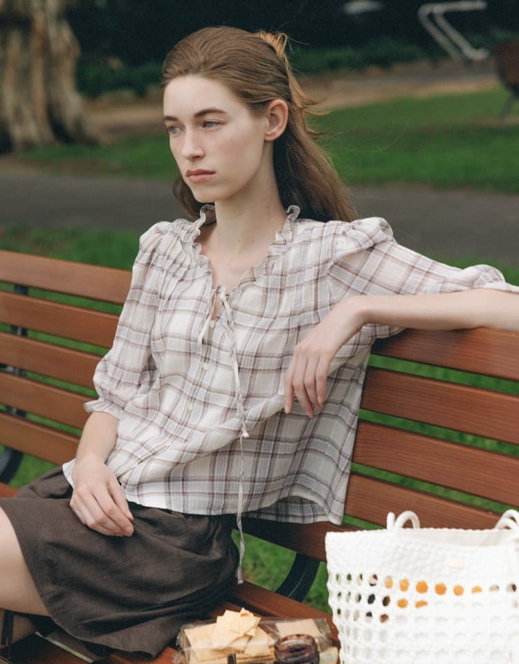 check frill tie blouse - beige