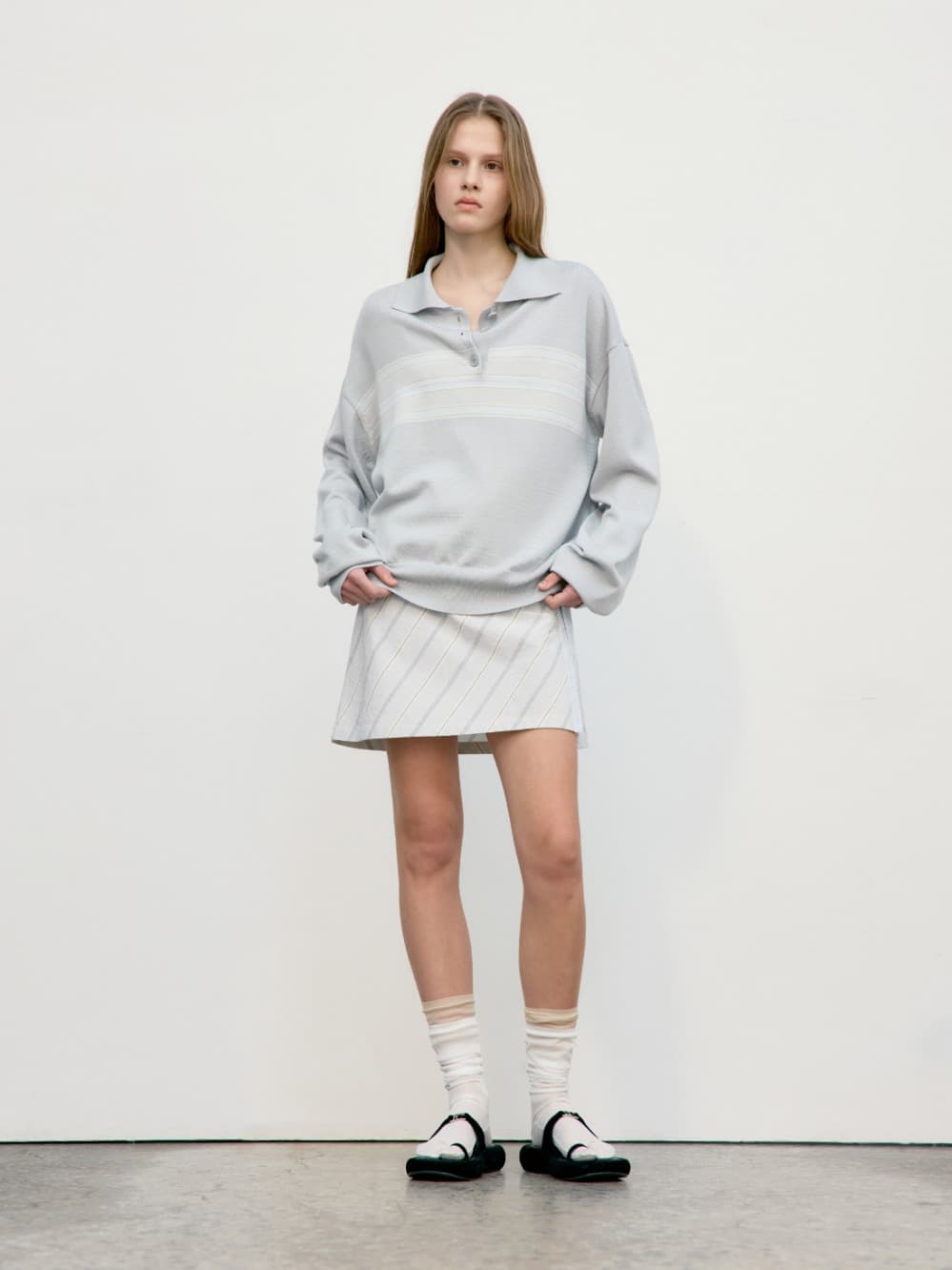 Multi Stripe Pique Knit Top_Light Grey