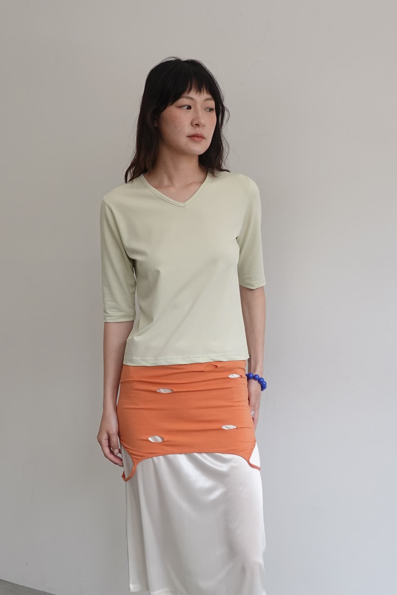 V-NECK MID SLEEVE T-SHIRT_MINT