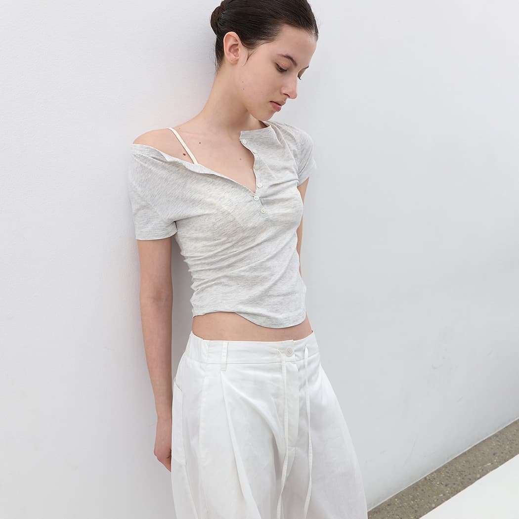 (T-7264)AN BOATNECK BUTTON UP SLIM HALF T