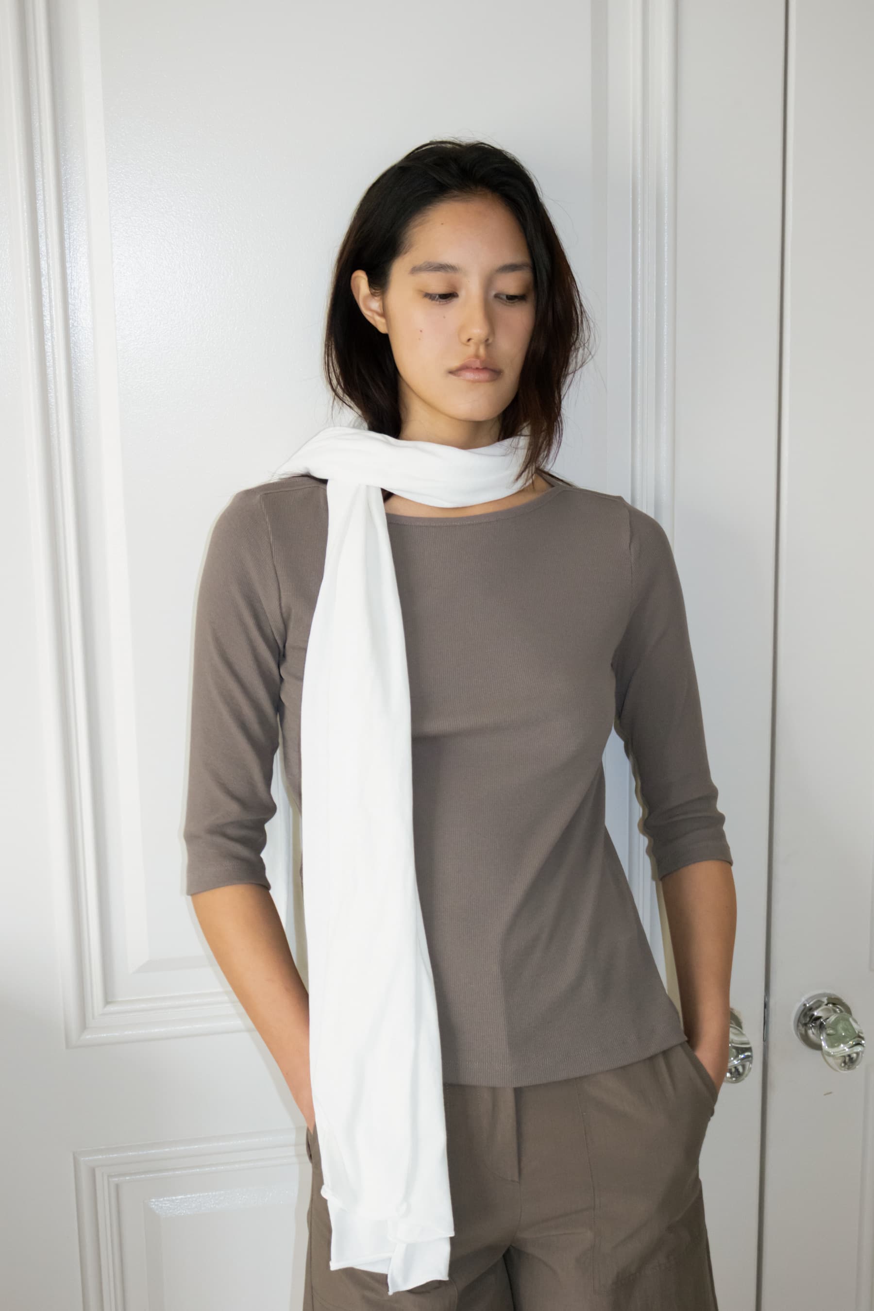 Ribbed Boat Neck Half Sleeve Top (Brown)