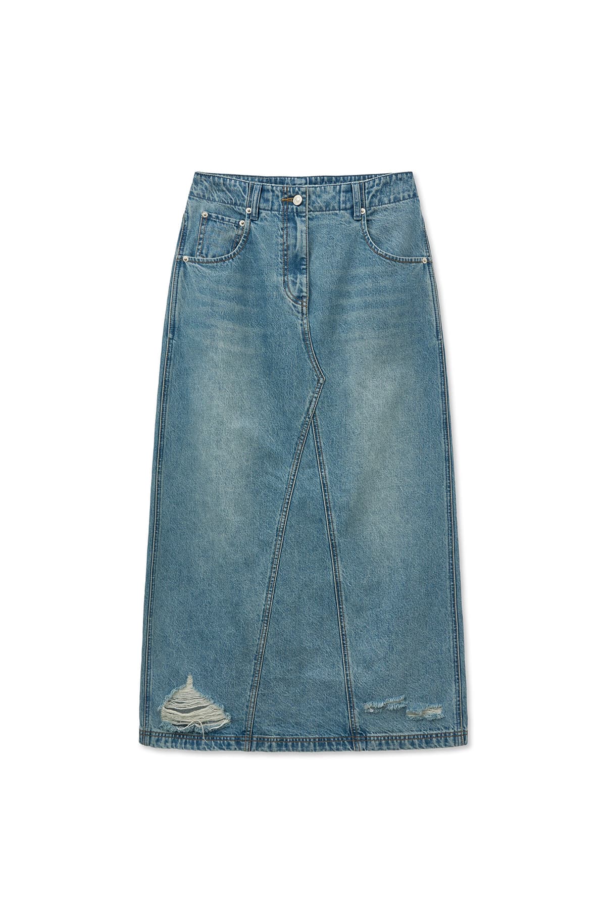 DAMAGE POINT LONG DENIM SKIRT IN BLUE