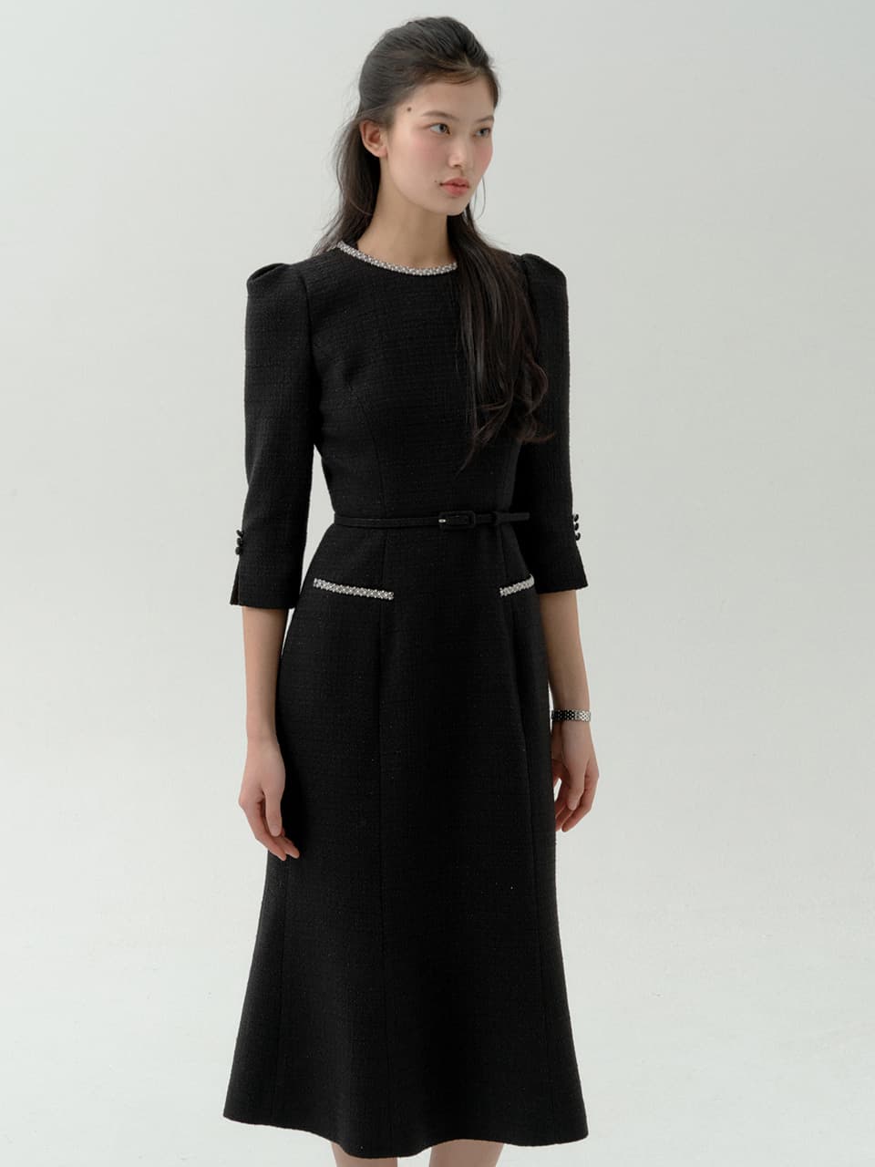Trimming Bud Mermaid Three-Quarter Sleeve Dress(3Color)