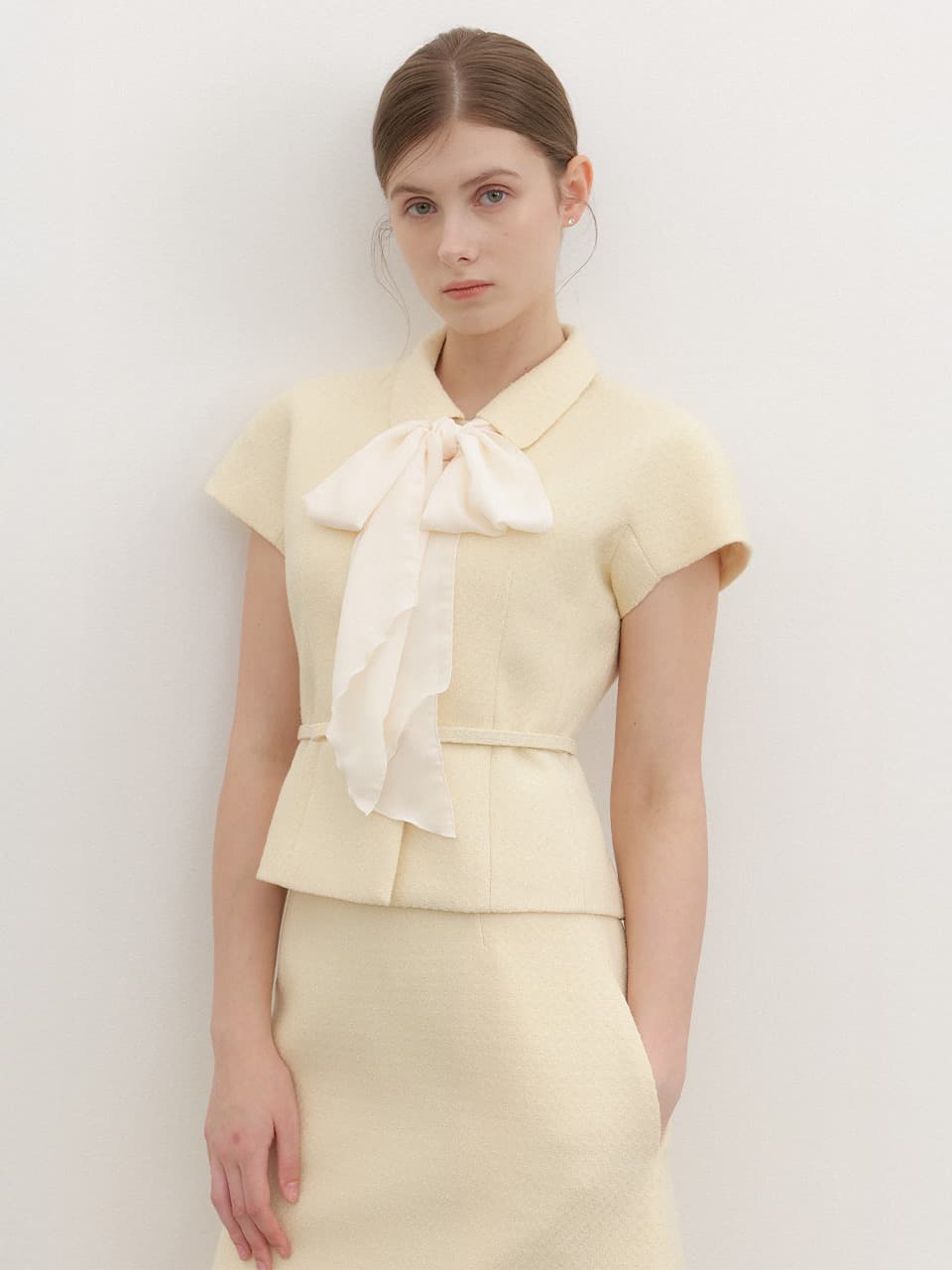 Ribbon Tweed Cap-Sleeve Jacket / Yellow(2Color)