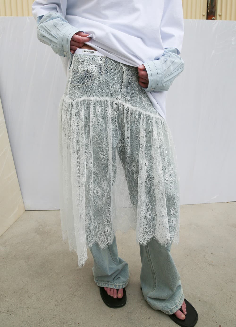 Layered Shirring Lace Skirt - Off White