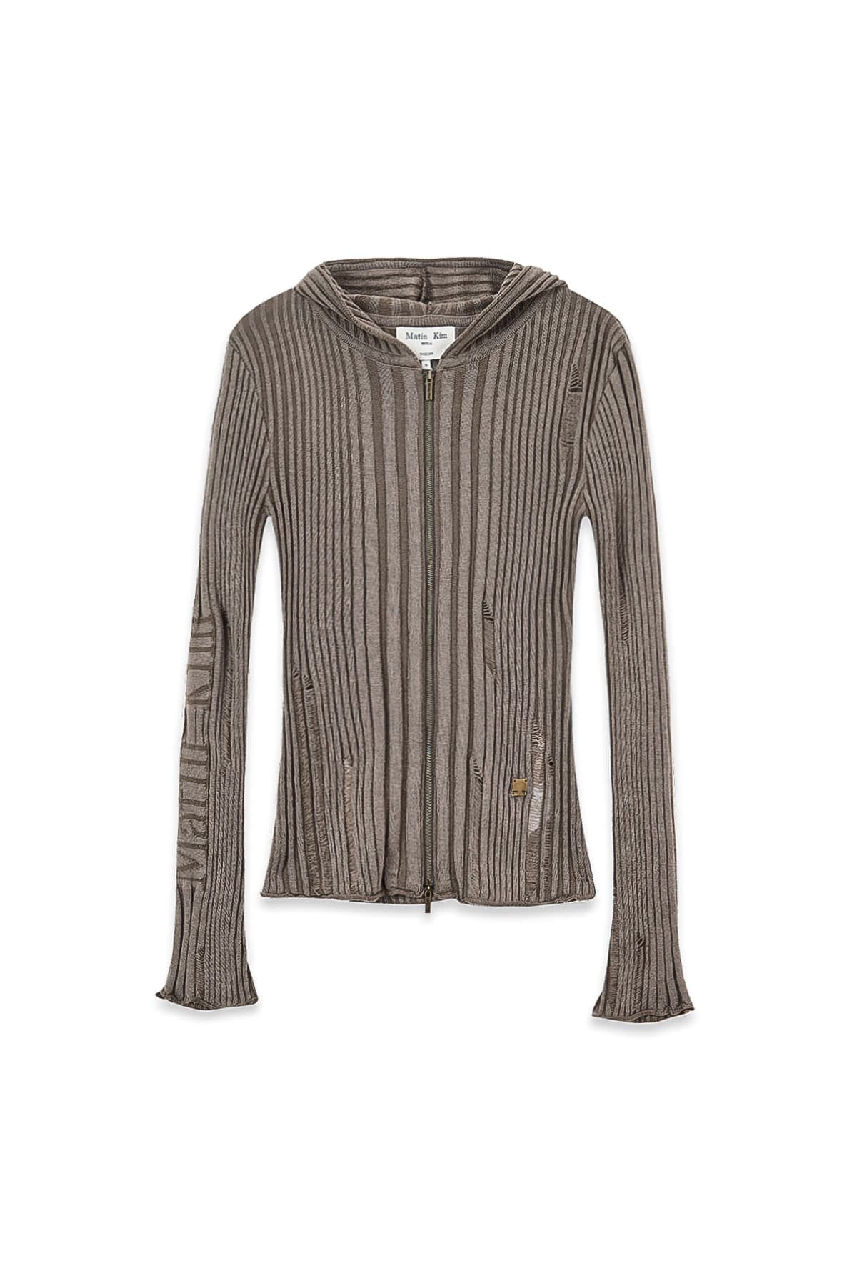 LOGO POINT DAMAGE SLIM HOODY CARDIGAN IN KHAKI BROWN