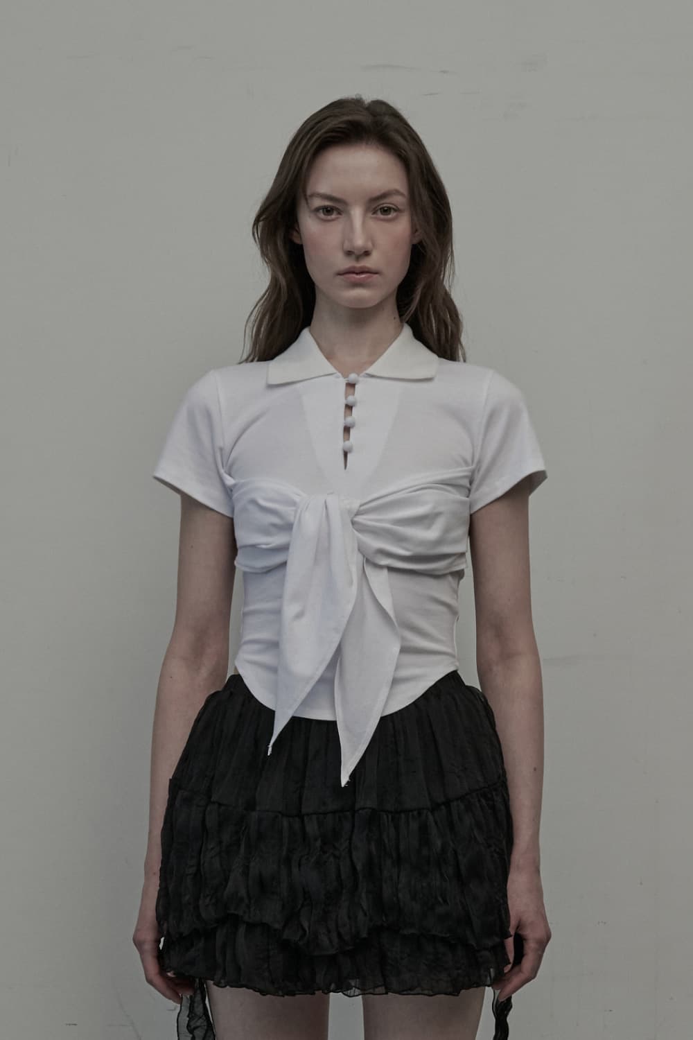 Button Ribbon Collared T-Shirt - White