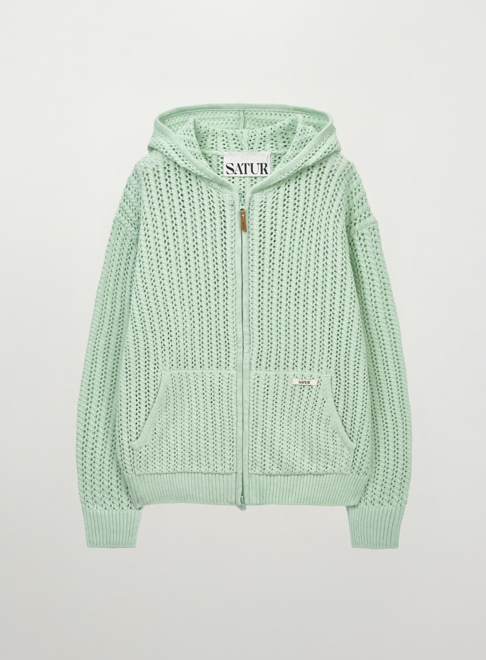 Crochet Knit Hood Zip-up - Green