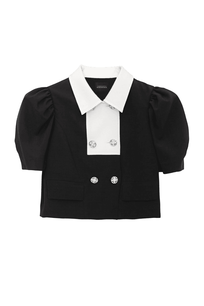 Contrast Collar Puff-Sleeve Cropped Jacket (Black)