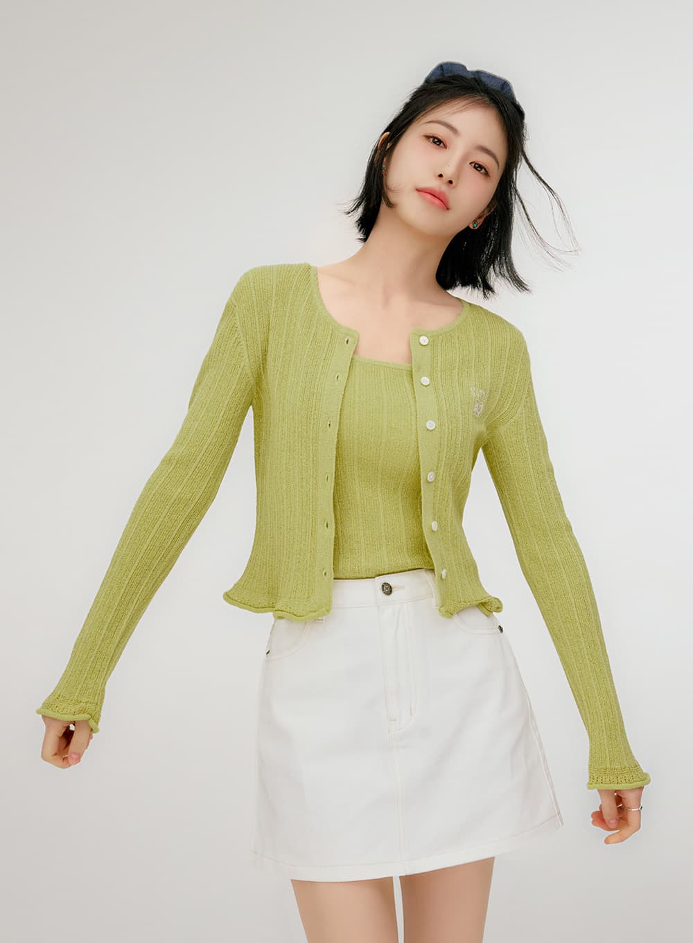 (W) Sheer Long Sleeve Crop Cardigan - Olive Green