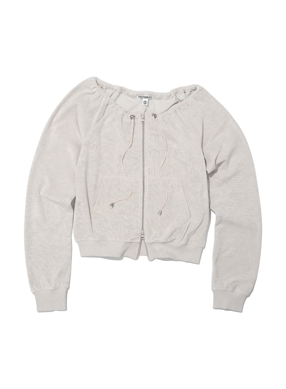 TERRY DRAWSTRING OFF-SHOULDER ZIP-UP TOP_IVORY