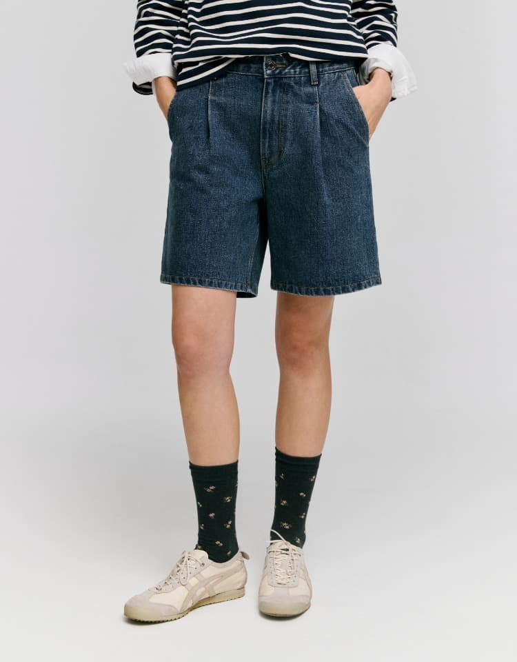 color half denim pants - medium blue