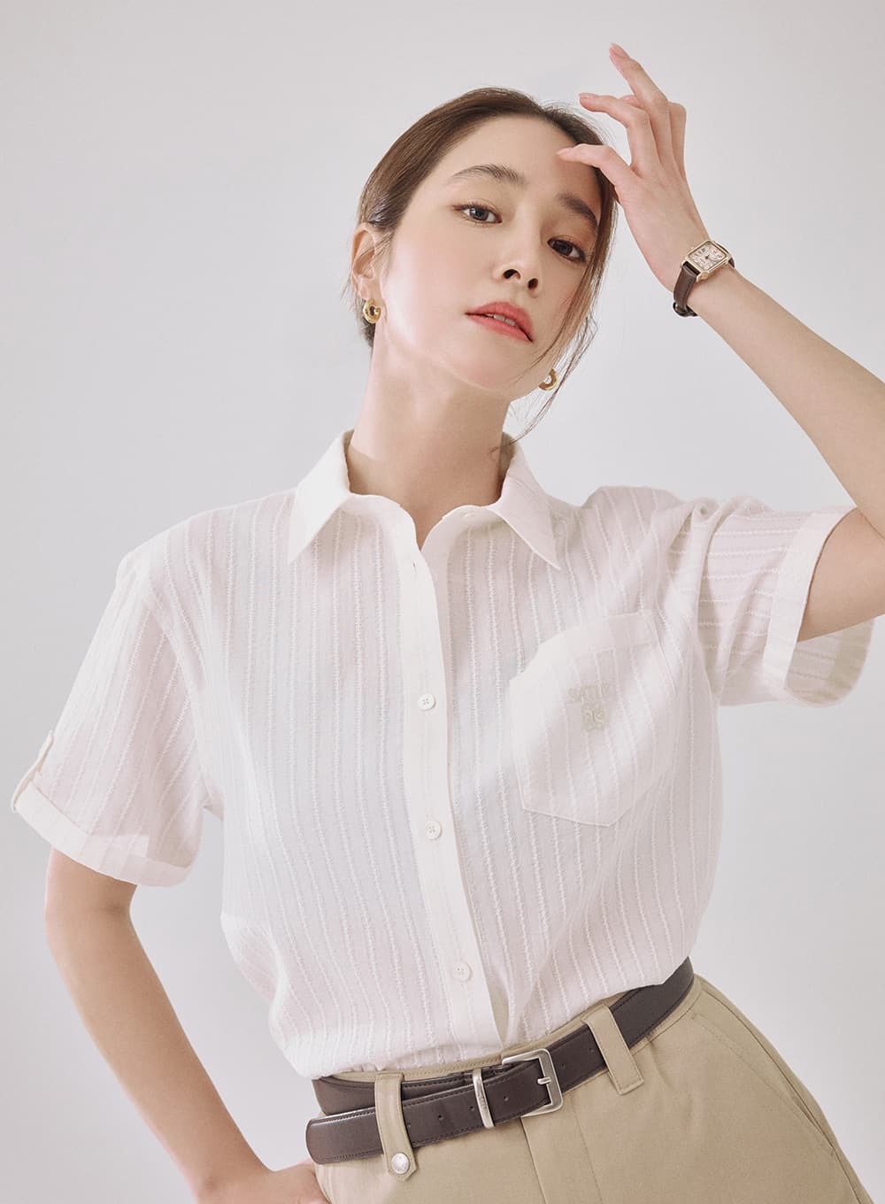 (W) Roll Up Half Shirt - Cream