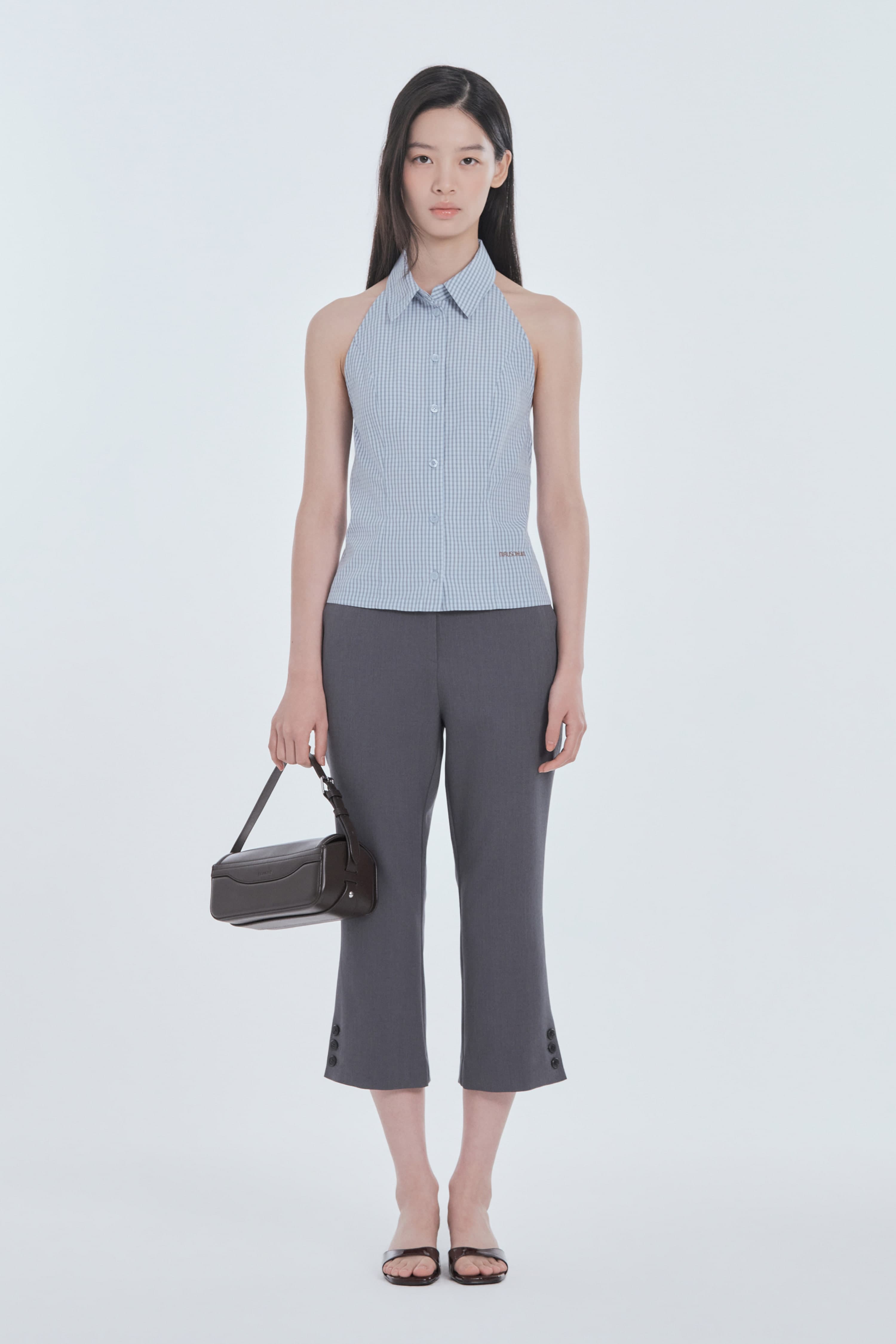 Emma Side Slit Button Capri Pants - Grey