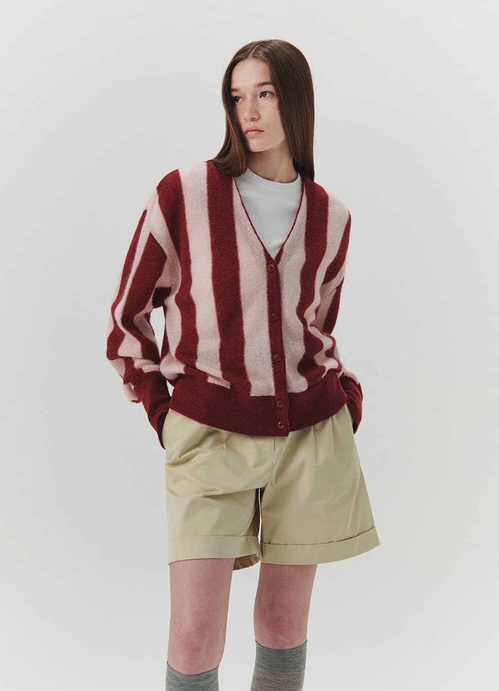 Stripe Mohair V-Neck Cardigan - Pink/Wine