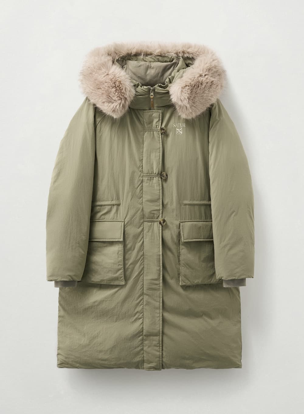 (W) Synthetic Fur Collar Hood Long Down - Khaki