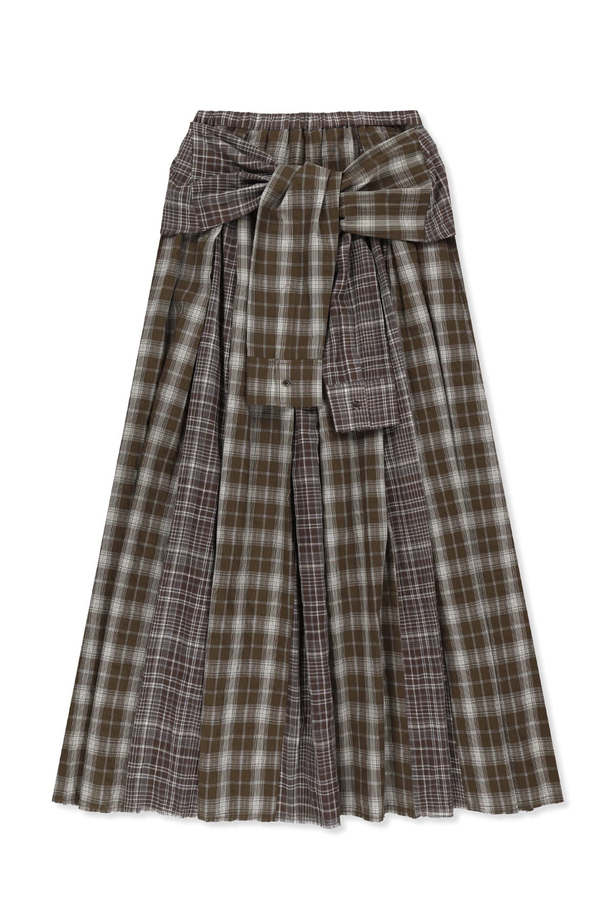 MIXED CHECK SLEEVE TIE FLARE SKIRT IN BROWN