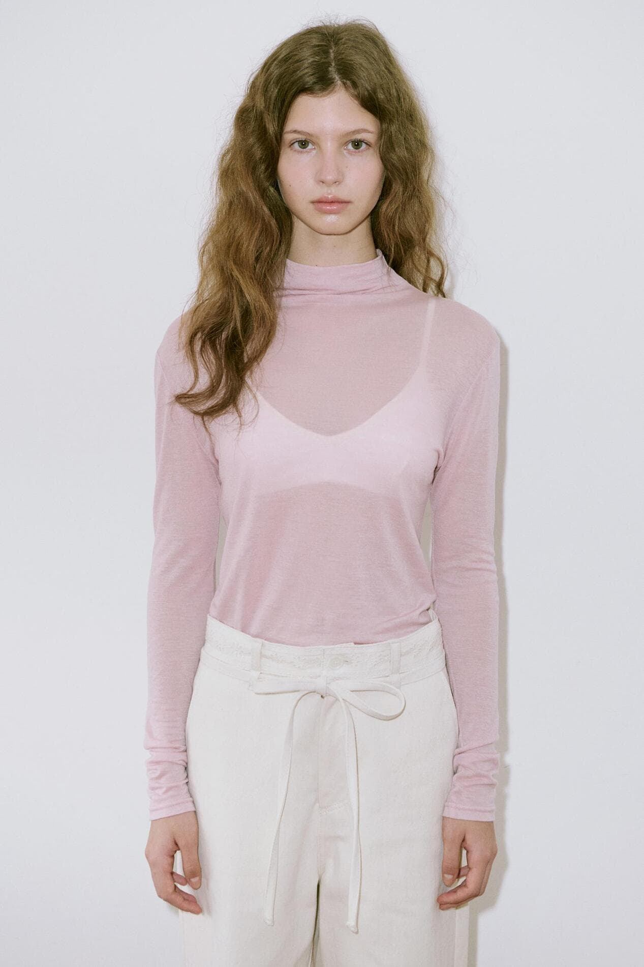Sheer Turtleneck T-Shirt (Pink)
