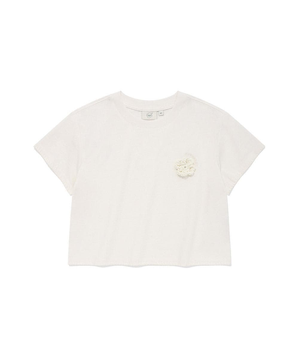 우먼 크롭 오버핏 코사지 티셔츠 White