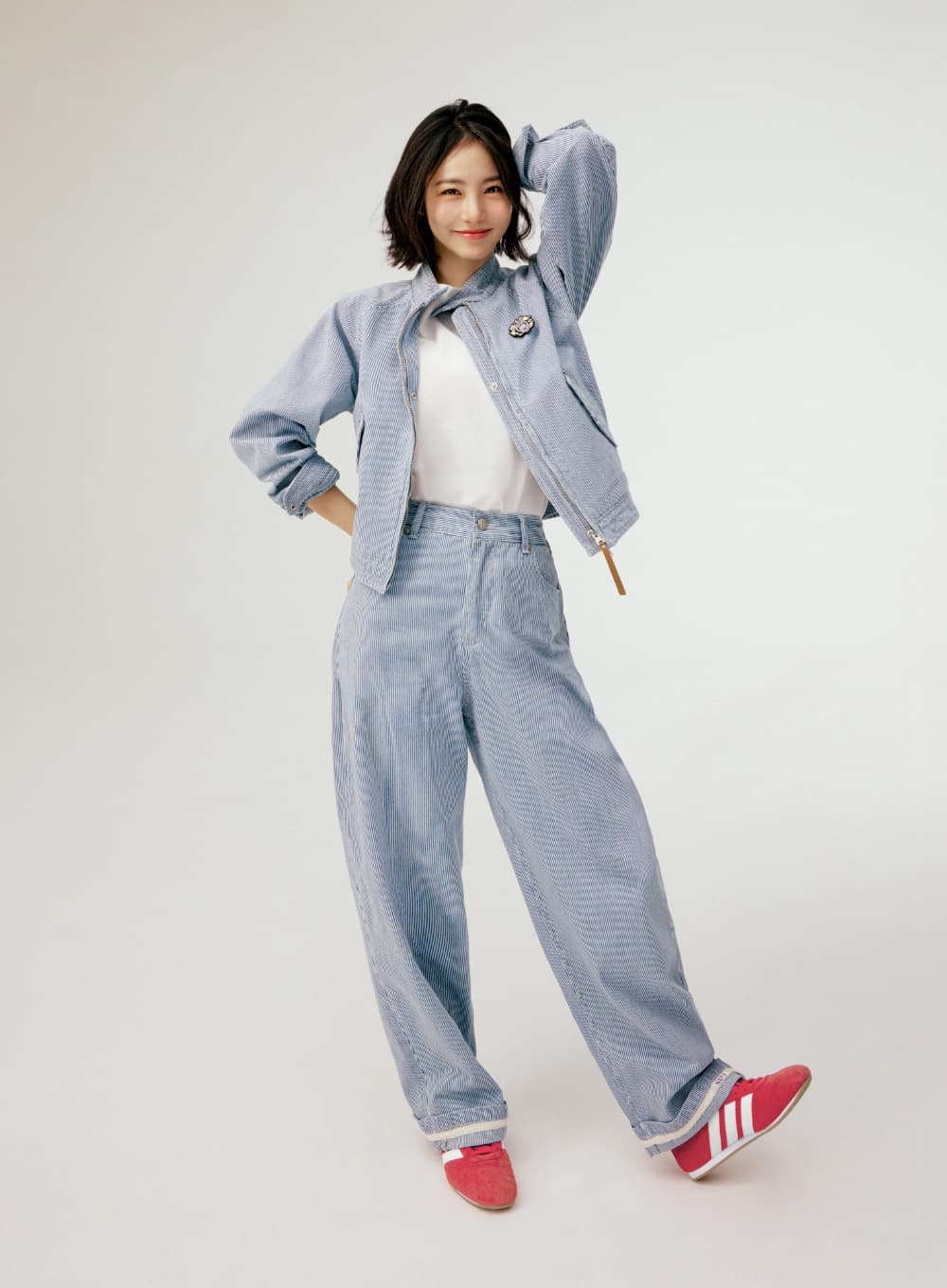 Stripe Denim Roll Up Pants - Light Blue